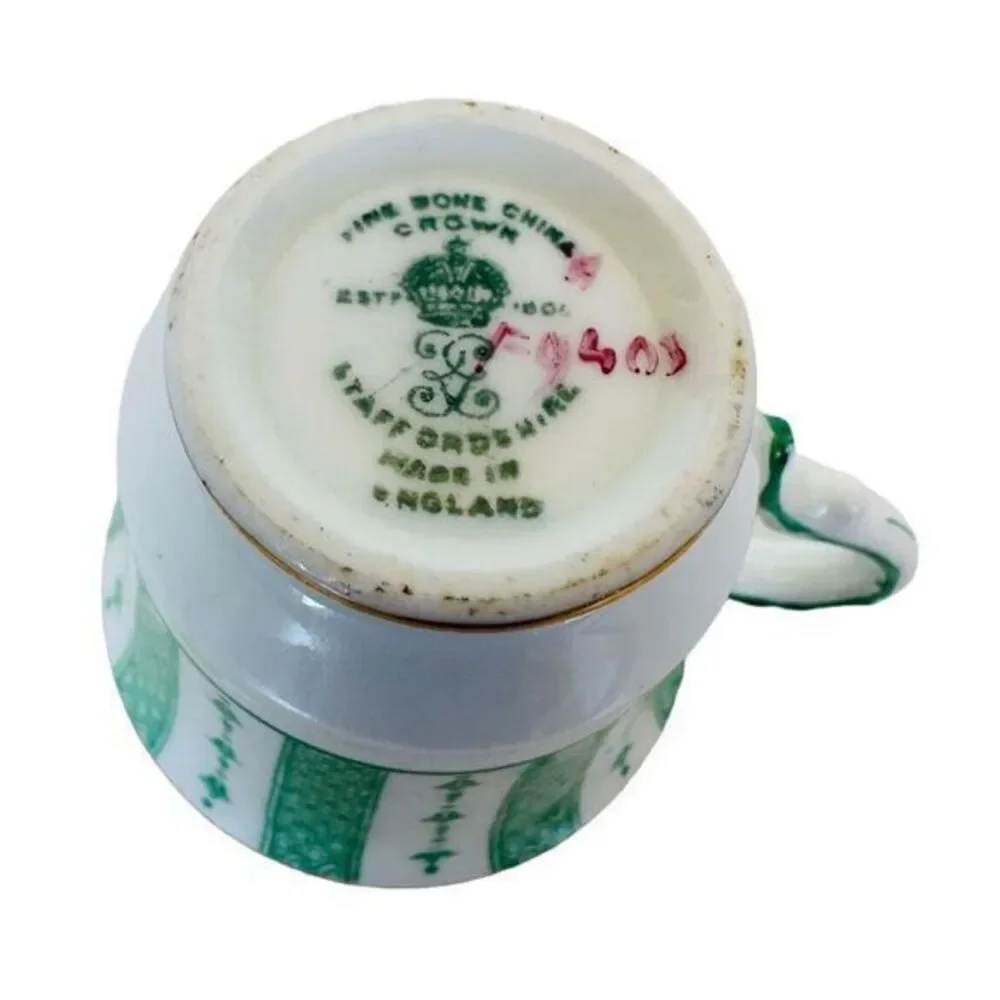 Crown Staffordshire Fine Bone China Demitasse Cup &‎ Saucer Green Lace Pink Rose